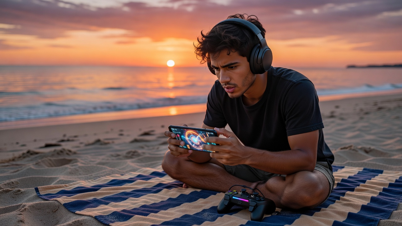 Person with headphones gaming at beach sunset